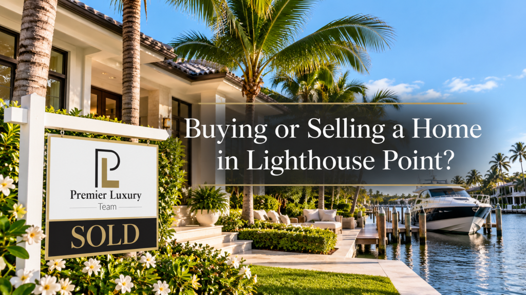 Luxury waterfront home with Premier Luxury Team branded SOLD sign, promoting buying and selling real estate in Lighthouse Point, Florida.
 Copy